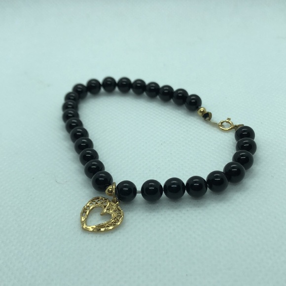 💛 14k Yellow Gold Onyx & Heart Charm Bracelet - Picture 2 of 3